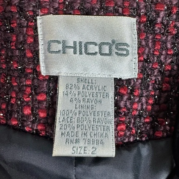 Chico's Women’s Red/Burgundy Tweed Blazer with Black Lace Detail Chico’s 2/Large - Picture 5 of 11